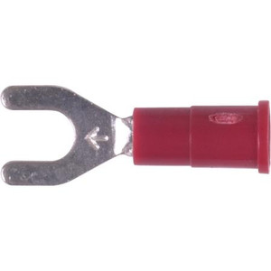 3M vinyl insulated block spade crimp lug for wire sizes 22-18 ga. and #8 size stud or screw. Butted seam. 600-1000V. 100 per box.