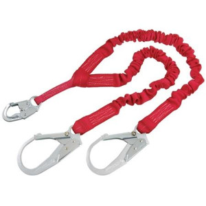 Protecta PRO shock absorbing lanyard. Expands to 6ft, retracts to 4 1/2ft. Limits arresting forces to 900 lbs or less. Meets ANSI Z-359
