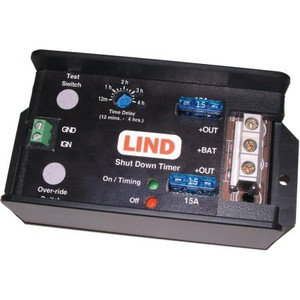 LIND Shut down timer with fused screw terminal connections. Delay can be set from 5 seconds to 2 hours. Includes emergency override button.