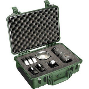 PELICAN protector equipment case, FOAM FILLED. Water tight and airtight to 30 feet w/neoprene o-ring seal. I.D.:17"L x 11-7/16"W x 6-1/8"D. Military Green