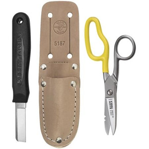 KLEIN Cable Splicer's Kit with Free-Fall Snip. Leather holder contains snip and cable splicer knife. Knife has 1-3/4", snip has serrated teetch for 19-23 AWG.