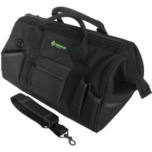 GREENLEE Multi-pocket heavy duty nylon tool bag 18 Lx11 Wx10 in D. Steel frame mouth is hinged and zippered