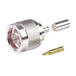 RF INDUSTRIES N male connector for RG55, RG223, RG142, Belden 8219 & 9907 cable. Nickel plated body, gold pin. Crimp center pin, crimp on braid.