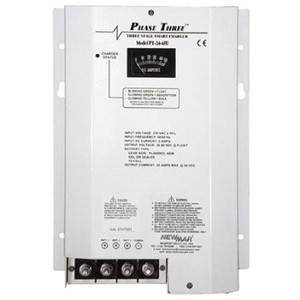 NEWMAR Phase III battery charger. Three step "smart" charge provides optimum performance of batteries. 207/253, 8/17A input. 24VDC, 95A output. 3 banks.