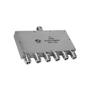 MECA 700-2700 MHz six-way power divider. 40 watts. 1.20 typical VSWR. 20dB min. isolation between ports. N-Female connectors. Insertion Loss 0.8 dB
