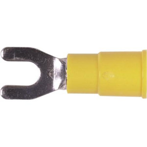 3M vinyl insulated block spade crimp lug for wire sizes 12-10 ga. and #8 size stud or screw. Butted seam. 600-1000V. 50 per box.