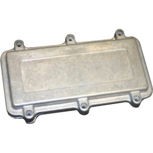 BUD INDUSTRIES die cast aluminum NEMA box with EMI/RFI shielding. Natural finish, captive M4 screws, external dimensions 3.79" x 3.79" x 1.77".