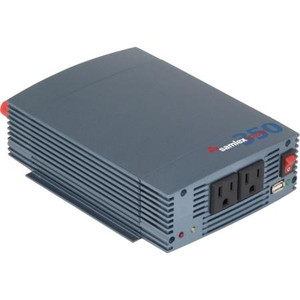 SAMLEX DC to AC power inverter. 350W continuous, 700W intermittent. Pure sine wave. Load controlled fan, 2 AC outlets. Incl screw down terminals/battery clamps