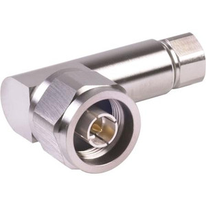 COMMSCOPE N-Male right angle for 1/4" superflex. Hex head. Captivated center pin. Self-clamping. Trimetal plated body and Gold plated pin.