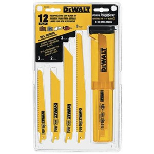 DEWALT 12 piece reciprocating blade set includes an assortment of blades for common applications. Includes a tough case that expands to hold 9" blades.