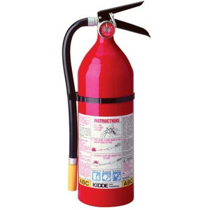 KIDDE 5 pound dry chemical fire extinguisher. Discharge 13-15 seconds, 195 psi, range 12 feet. UL rating 3A, 40B, C. 16 inches high