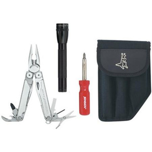 JENSEN Multi-Tool Kit VI includes the Wave multi tool from Leatherman along with a four-in-one screwdriver, mini-mag lite and black pouch.