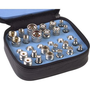 RF INDUSTRIES interseries adapter kit. 30 piece combination of male and female BNC, TNC, N, SMA, UHF and mini-UHF connectors. White bronze plating.