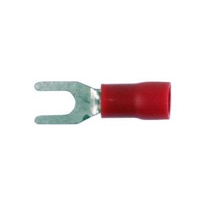3M vinyl insulated block spade crimp lug for wire sizes 12-10 ga. and #8 size stud or screw. Butted seam. 600-1000V. Single