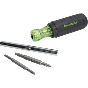 GREENLEE Screwdriver w/ 6 quick-change steel bits. Tool shaft is rust resistant chrome.Includes 1ea: 3/16" and 1/4" flat 5/16" and 1/4" hex, #1 and #2 Phillips