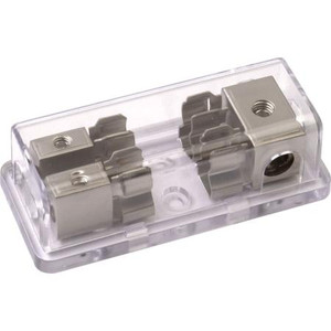 TESSCO Platinum 2 position AGU fuse block. One 4 awg in, Two 8 awg out. Clear Acrylic cover.