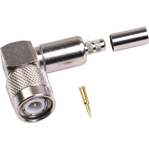 RF INDUSTRIES TNC male right angle connector for RG142. Nickle plated body, gold plated center pin, teflon dielectric. Crimp connector.