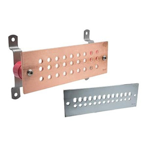 HARGER 1/4" thick x 4" wide x 30" long copper ground bar with wall mounting brackets and insulators. J Pattern. 51 pre-drilled holes.