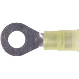 3M nylon insulated ring terminal for wire sizes 12-10 ga. and 1/4" size stud or screw. Brazed seam. 50 per bottle. Yellow.