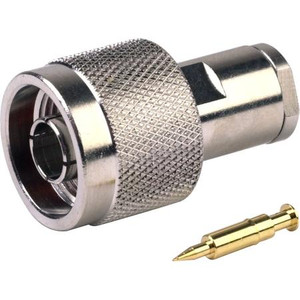 RF INDUSTRIES N male connector for RG58/U, 58A/U, 141, 142 and Ultralink cable. Nickle plated body, gold pin. Solder center pin, clamp on braid.