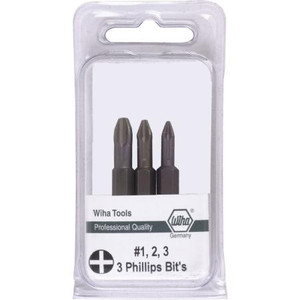 WIHA 3 Piece Phillips Power Bit pack. Includes #1, #2 and #3 x 2" overall lengths.