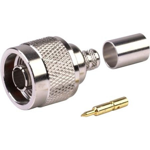 RF INDUSTRIES N male connector for LMR-300 cables. Silver plated body, gold center pin. Crimp center pin, crimp on braid.