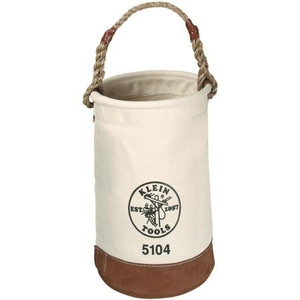 KLEIN canvas bucket.Made of No. 1 canvas with cycolac top ring. 17" high. Bottom is reinforced leather. 12" diameter at the top and bottom. w/swivel snap hook