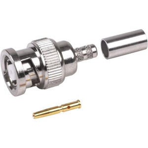 RFI Reverse gender BNC-Male connector for RG58/U cables. Crimp style. Nickle plated body, gold center pin.