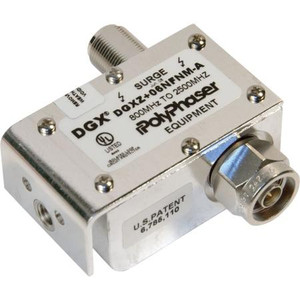 POLYPHASER 800-2500 MHz protector. Used in installations when DC is required to pass in route to powering shelter-based equip. +6 VDC. Equip. N/M - Ant. N/F