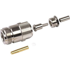 RF INDUSTRIES N female connector for RG174, RG316 cables. Silver plated body, gold center pin. Crimp center pin, crimp on braid.