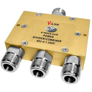 MECA 0.800-2200 MHz three-way power divider. 20 watts. 1.15 typical VSWR. 20dB min. isolation between ports. N-female connectors.