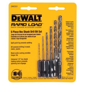 DEWALT 6pc hex shank drill bit set. Incls 1/16", 3/32", 1/8", 5/32",3/16" 1/4" bits with long-life black oxide coating,split point prevents tip walking