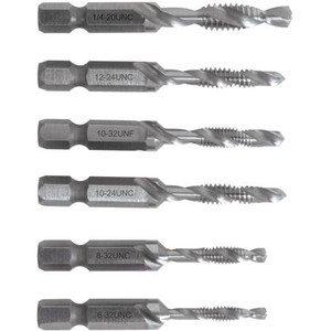 GREENLEE, 6 piece drill and tap combination bits. Drills and taps all in one operation. For up to 10 gauge metal. Taps 6-32 to 1/4-20.