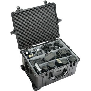 PELICAN wheeled protector equipment case; water tight&airtight to 30' w/neoprene o-ring seal; 2" wheels. Inside Dims: 22-1/16"Lx17"Wx12-9/16"D.BL