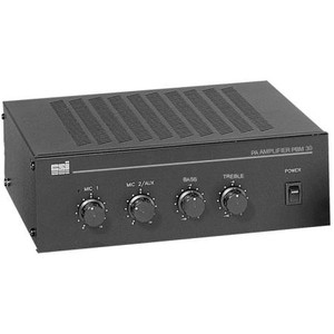 CSI/ Speco 30 watt RMS public address sound amplifier with with bass/treble controls. ACC AC outlet, auto mute function, 70/25V, 4/8/16ohm outputs.