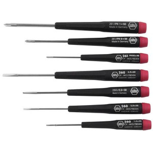 WIHA 7pc precision screwdriver set. Includes (4) Slotted 1.5, 2.0, 2.5, 3mm; (3) Phillips #00, #0, #1. (Not ESD Safe) .