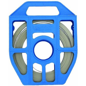 BAND-IT 1/2" wide strapping. 100 foot roll made of Type 201 stainless steel. C omes in blue plastic waterproof packagin g