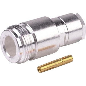 RF INDUSTRIES N female connector for RG58/U, RG58A/U, RG142, Ultralink cable. Silver plated body gold pin. Solder center pin, clamp on braid.