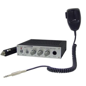 SPECO mobile amplifier with two-way communication. 11-16 VDC input, 20W output, 4-8 Ohm. Plugs into lighter socket. Includes mounting bracket.