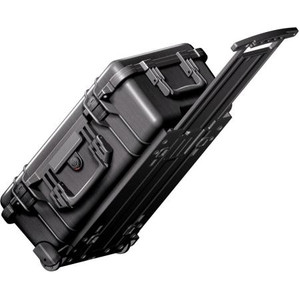 PELICAN wheeled equipment cases. Water & airtight to 30' w/neoprene o-ring seal. Fold down & retractable handle. I.D.: 20-3/16"L x 11-3/8"W x 7-1/2"D. BLACK