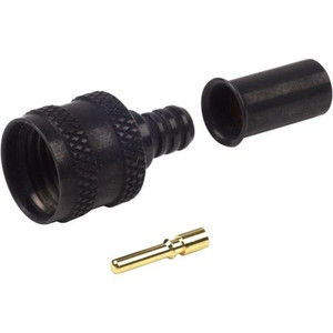 RF INDUSTRIES black mini-UHF male crimp connector for RG58 cables. Requires proper crimping tool for installation. Four piece assembly.