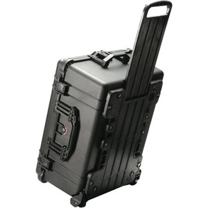 PELICAN wheeled equipment cases. Water & airtight to 30' w/neoprene o-ring seal. Fold down & retractable handle. I.D.: 22-3/16"L x 17-1/8"W x10-9/16"D.BLACK