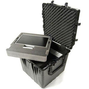 PELICAN Foam-Filled Cube Equipment Case Water & airtight w/neoprene o-ring seal. 2-Person lift handles. I.D.: 24"Lx24"Wx24"D. Black. (Casters not incl