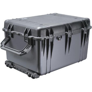 PELICAN wheeled equipment cases. Water & airtight to 30' w/neoprene o-ring seal. Fold down & retractable handle. I.D.: 29-1/8"Lx20-11/16"Wx17-5/8"D.BLACK
