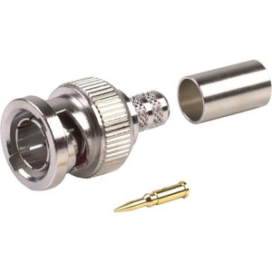 RF INDUSTRIES BNC male connector for RG59, 59A, 59B, 62, 62A, 62B, 62C and 210 cables. Nickle plated body, gold pin Crimp pin & braid. 75 ohm.