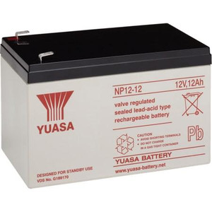 YUASA sealed lead acid battery. 12 Volt, 12Ah. 5.94 x 3.86 x 3.84. 0.250" fasteners for connecting cables.