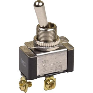 GC Electronics Heavy Duty Single Pole, Single Throw Toggle Switch. Rated at 20 Amps at 125 Volts. Screw terminals. 1/2" Mounting hole