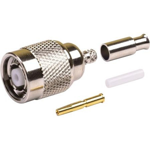 RF Industries reverse gender TNC Male connector for RG174 or RG316 cables. Crimp style. Nickle plated body, gold center pin.