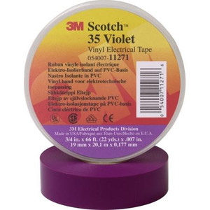 3M Scotch vinyl tape for color coding. Resists UV, use indoors or outdoors where weather protected.Flame retardant. Violet. 3/4" x 66'.