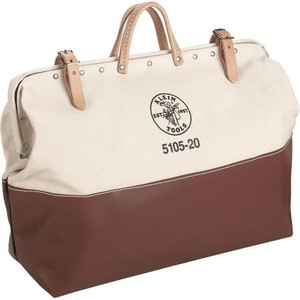 KLEIN 20" Canvas Tool Bag. No. 8 white canvas, bottom & 8"side covered with Naugahyde, steel frame mouth, leather handles. 20"Hx24"Lx6"W